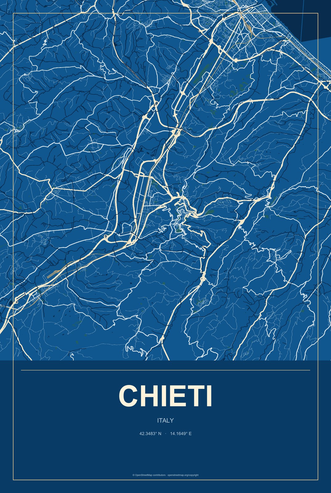 Chieti, Italy City Map Aluminum Sign in Harbor Cobalt style