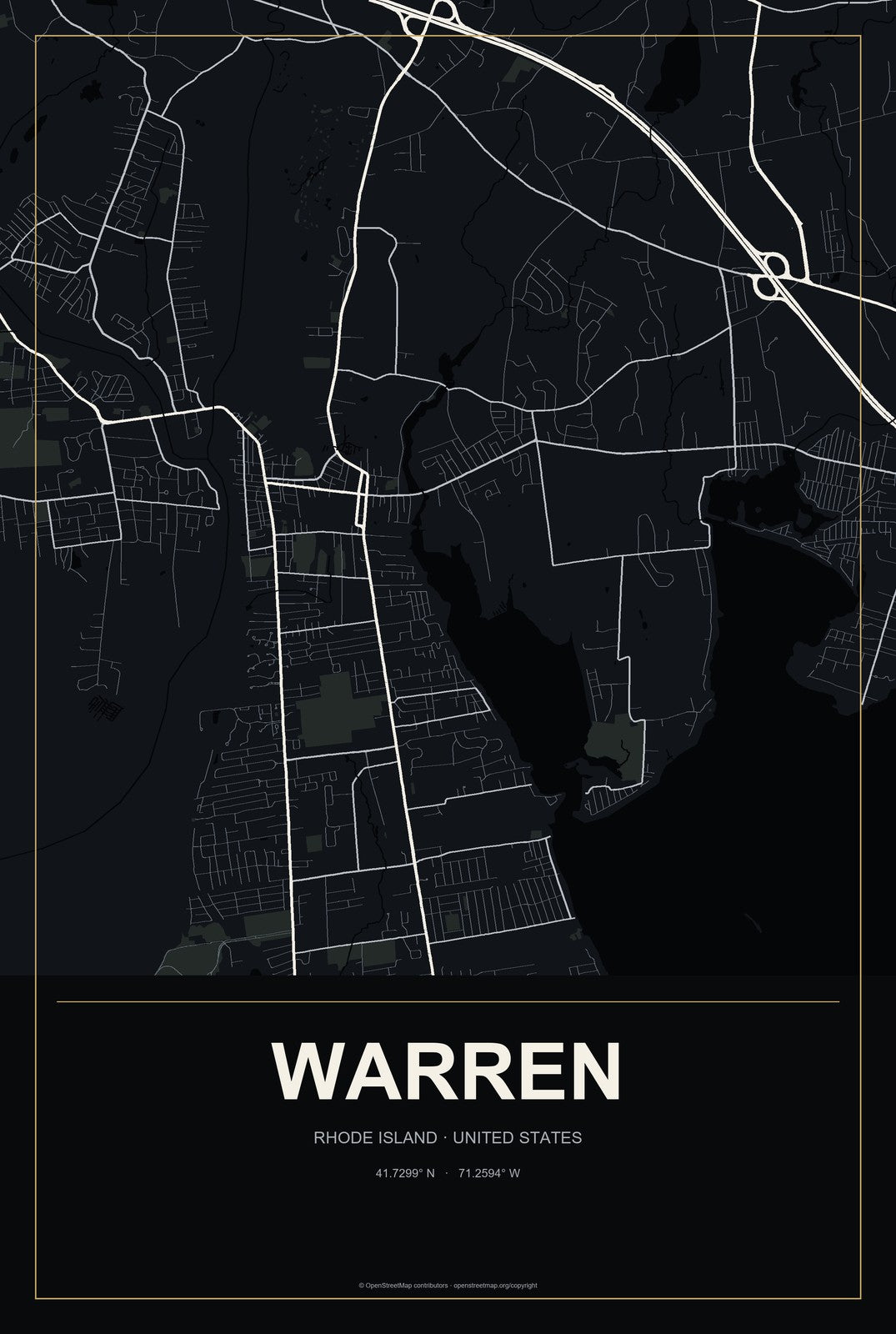 Warren, Rhode Island City Map Aluminum Sign in Metropolitan Noir style