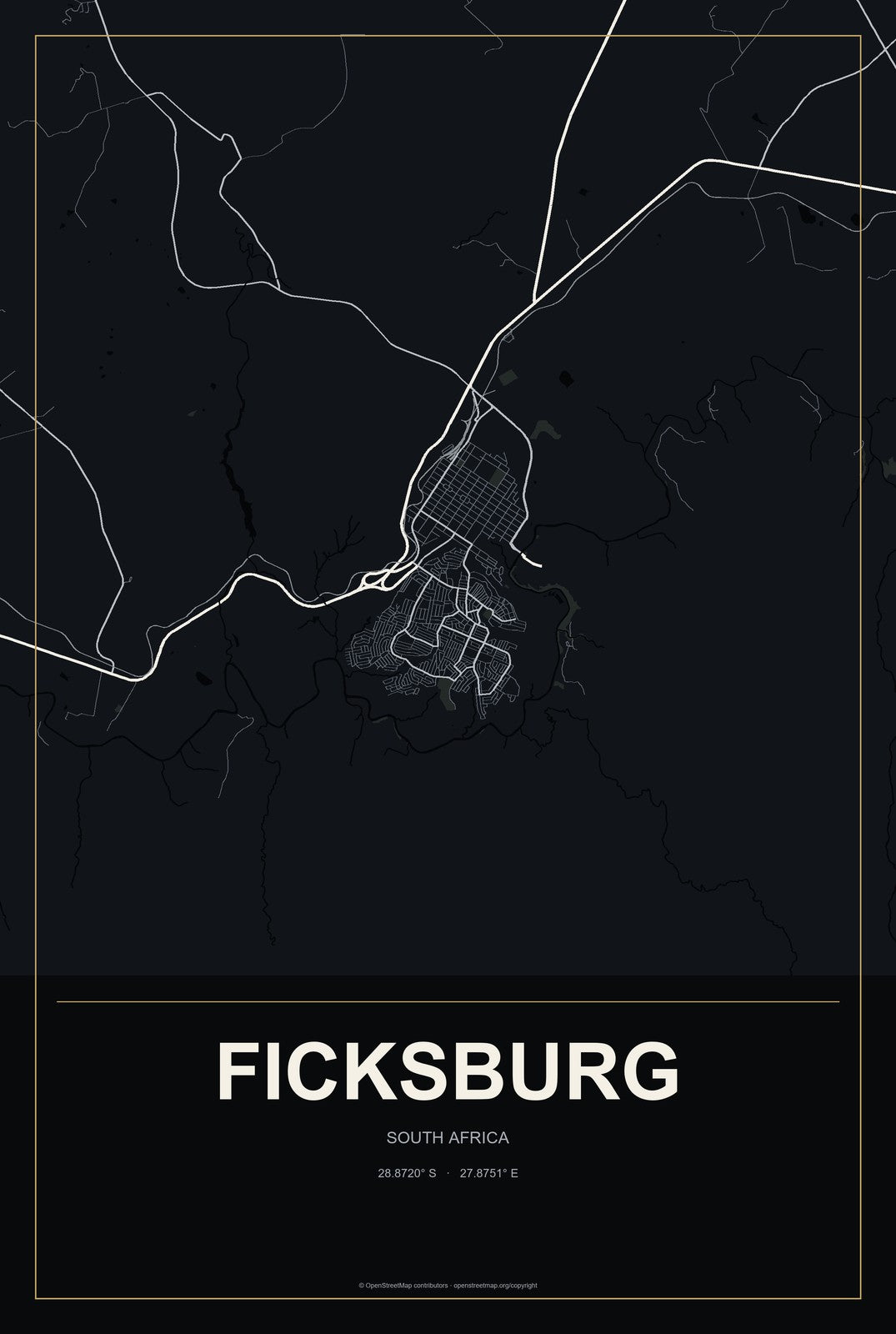 Ficksburg, South Africa City Map Aluminum Sign in Metropolitan Noir style