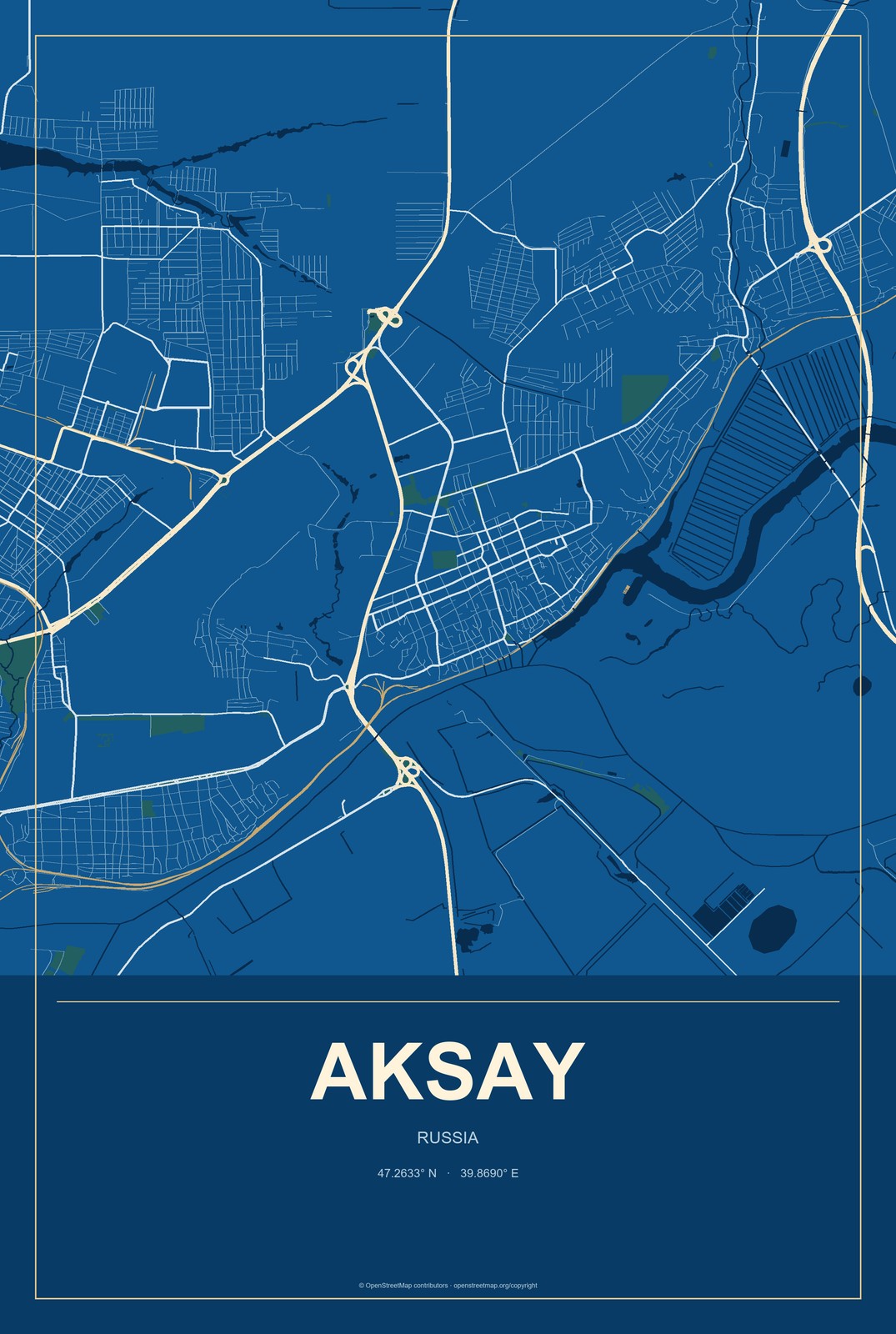Aksay, Russia City Map Aluminum Sign in Harbor Cobalt style
