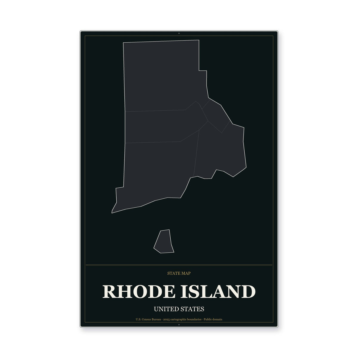 Rhode Island state map aluminum sign in Metropolitan Noir style