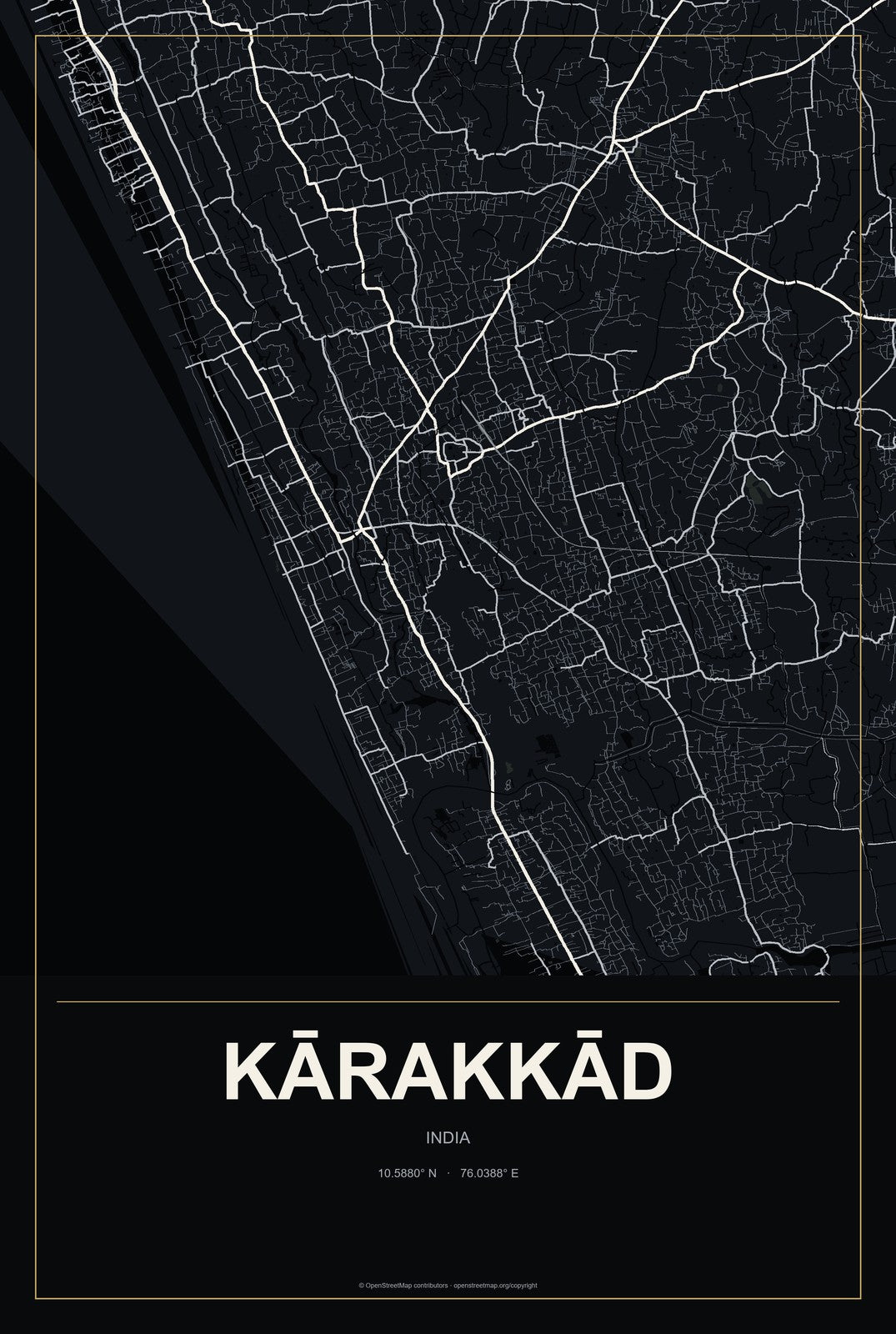 Kārakkād, India City Map Aluminum Sign in Metropolitan Noir style