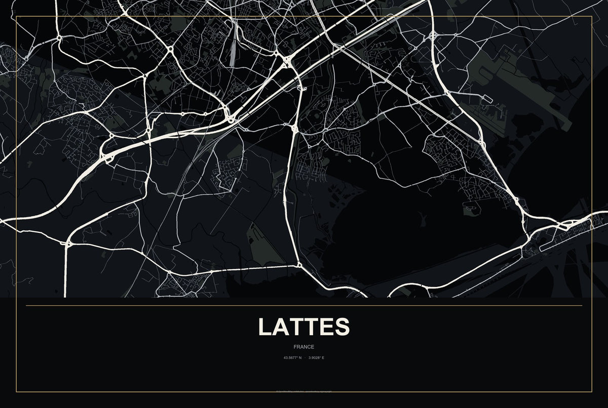 Lattes, France City Map Aluminum Sign in Metropolitan Noir style