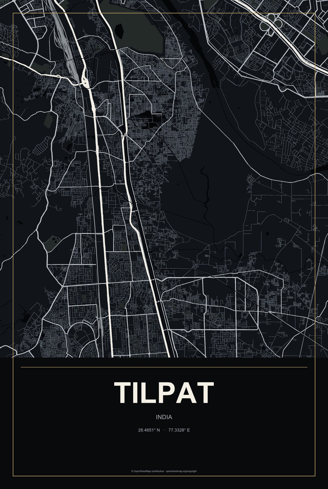 Tilpat, India City Map Aluminum Sign in Metropolitan Noir style