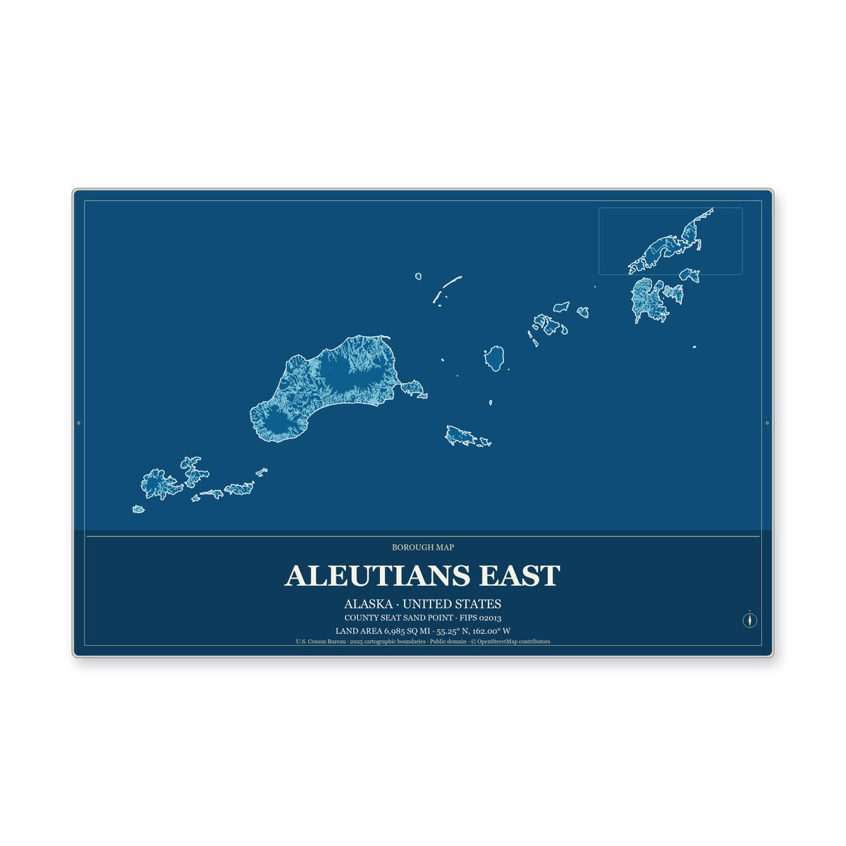 Aleutians East Borough, Alaska Map Aluminum Sign in Harbor Cobalt style