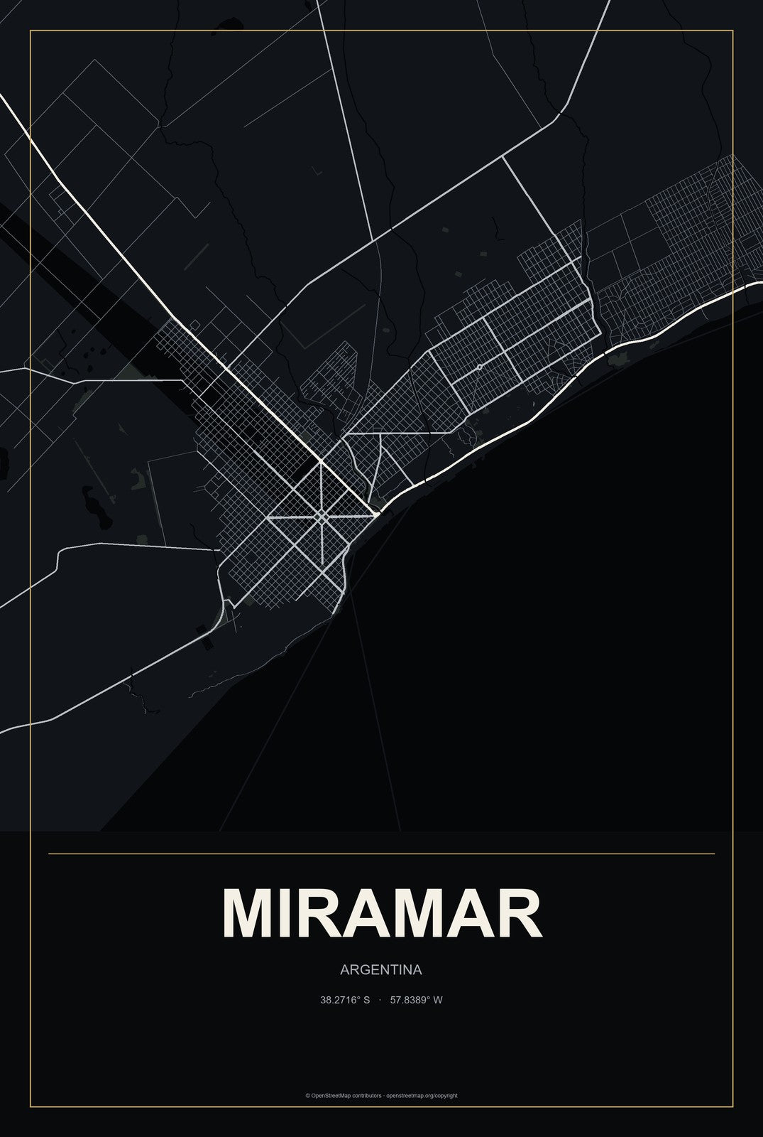 Miramar, Argentina City Map Aluminum Sign in Metropolitan Noir style