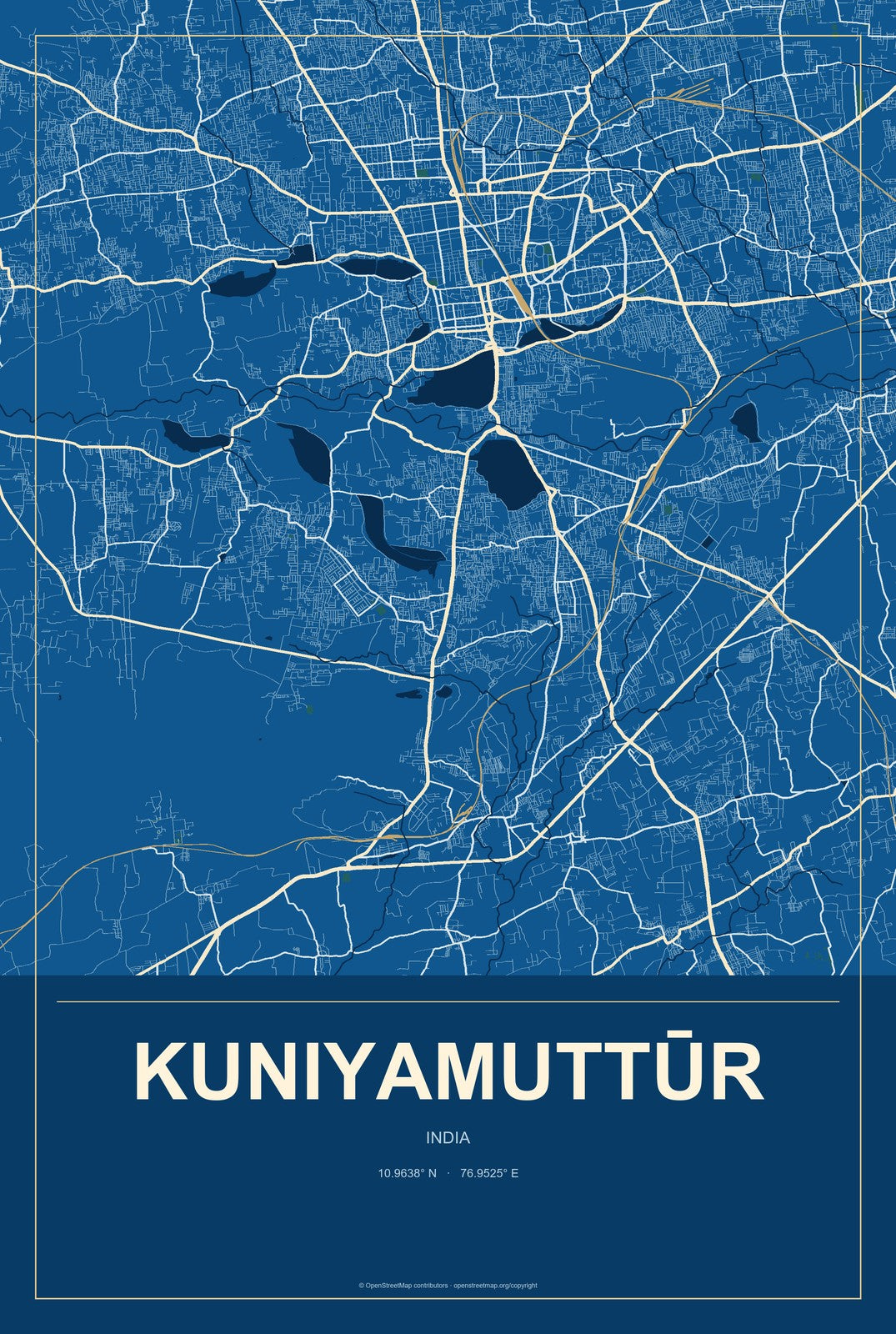 Kuniyamuttūr, India City Map Aluminum Sign in Harbor Cobalt style