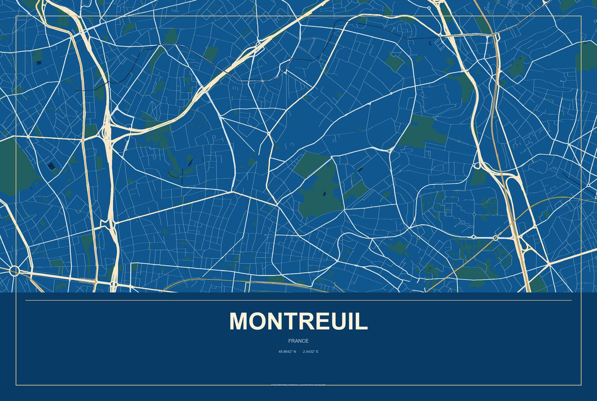 Montreuil, France City Map Aluminum Sign in Harbor Cobalt style