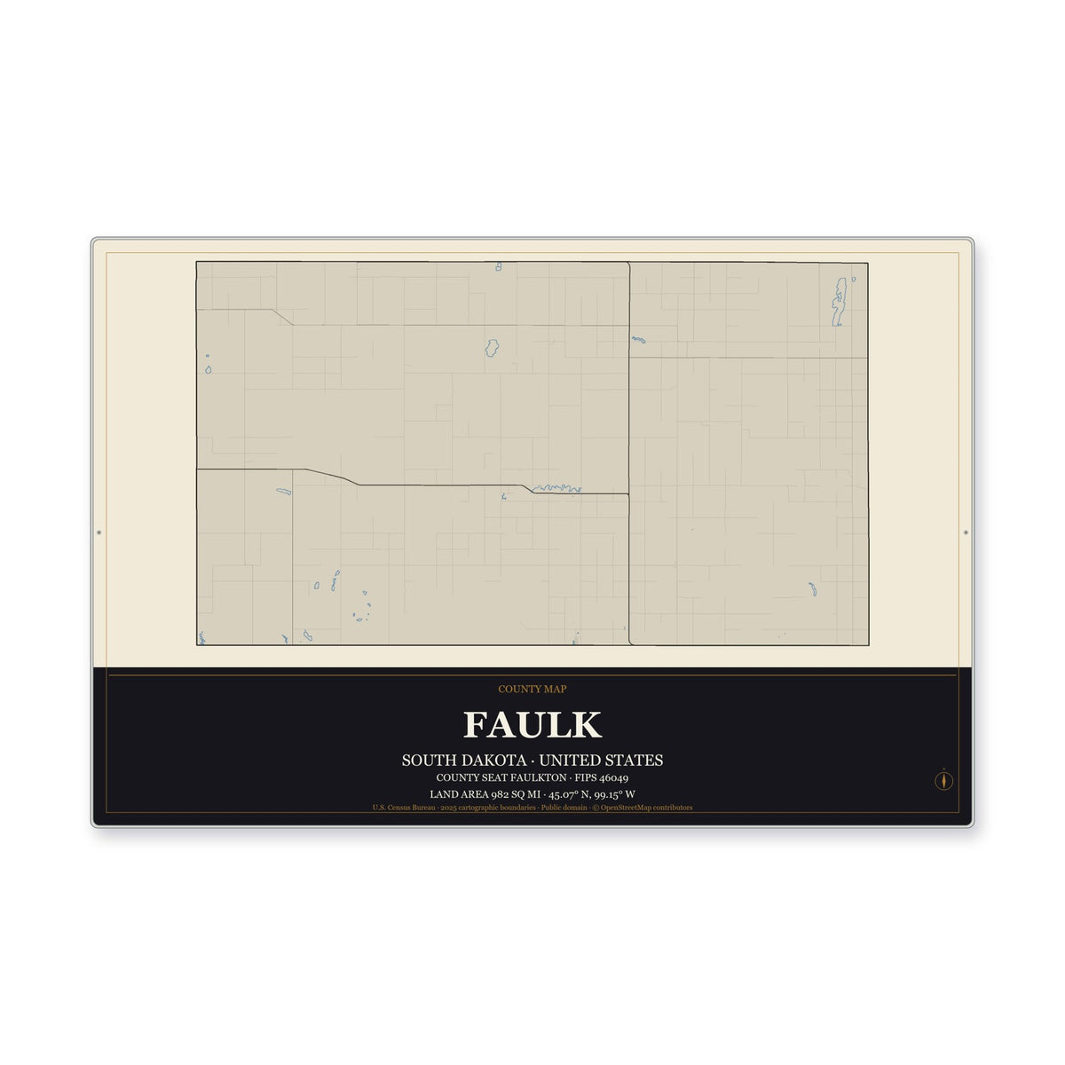 Faulk County, South Dakota Map Aluminum Sign in Museum Plaque style