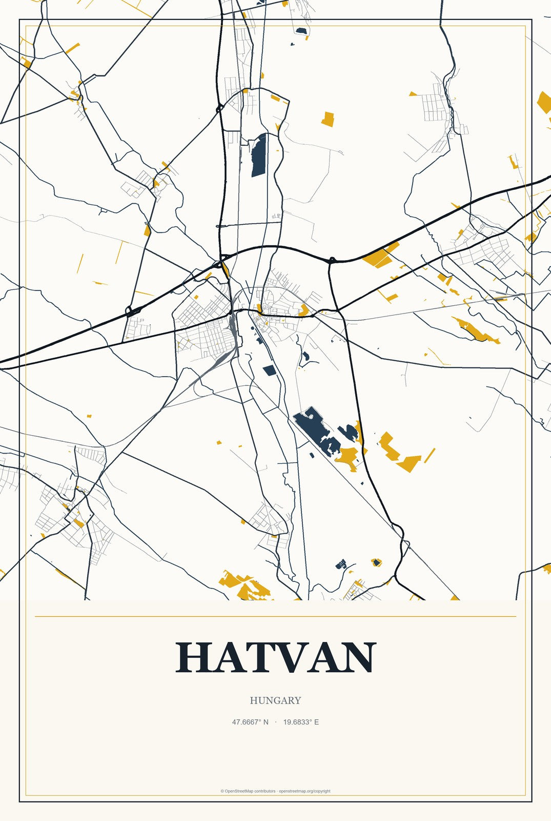Hatvan, Hungary City Map Aluminum Sign in Citrine Modern style