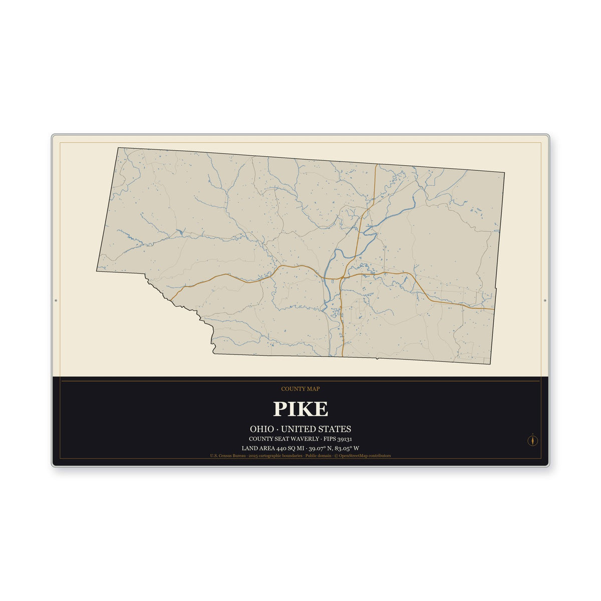 Pike County, Ohio Map Aluminum Sign in Museum Plaque style