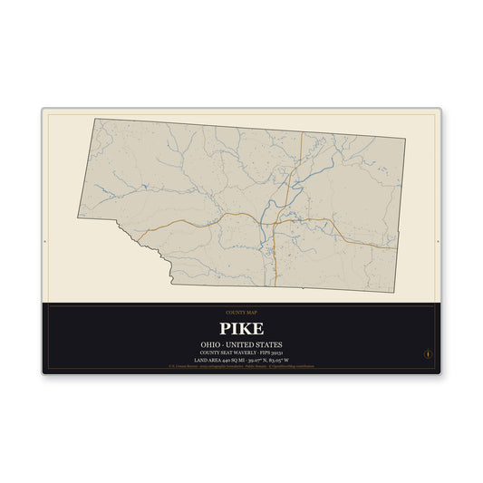 Pike County, Ohio Map Aluminum Sign in Museum Plaque style