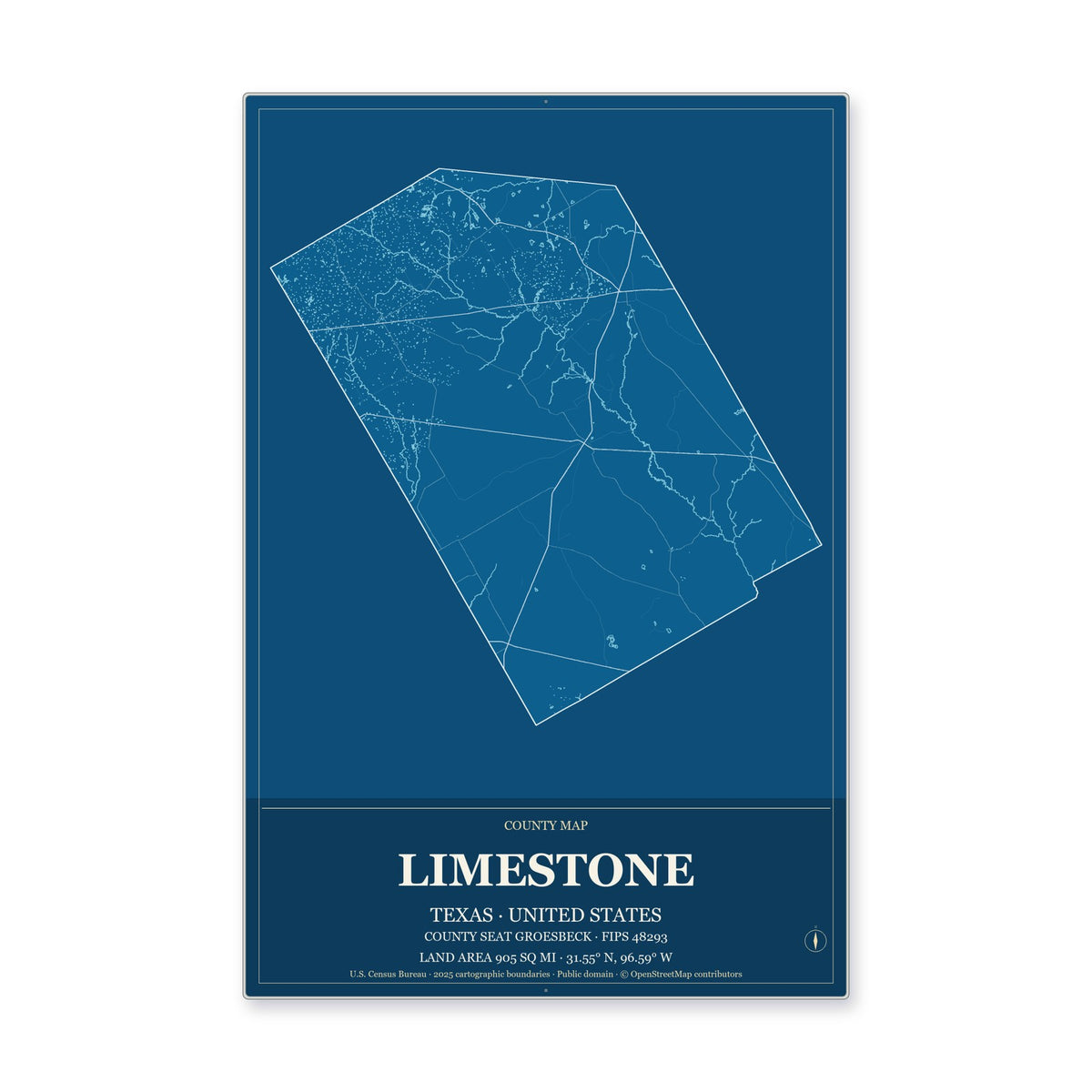 Limestone County, Texas Map Aluminum Sign in Harbor Cobalt style