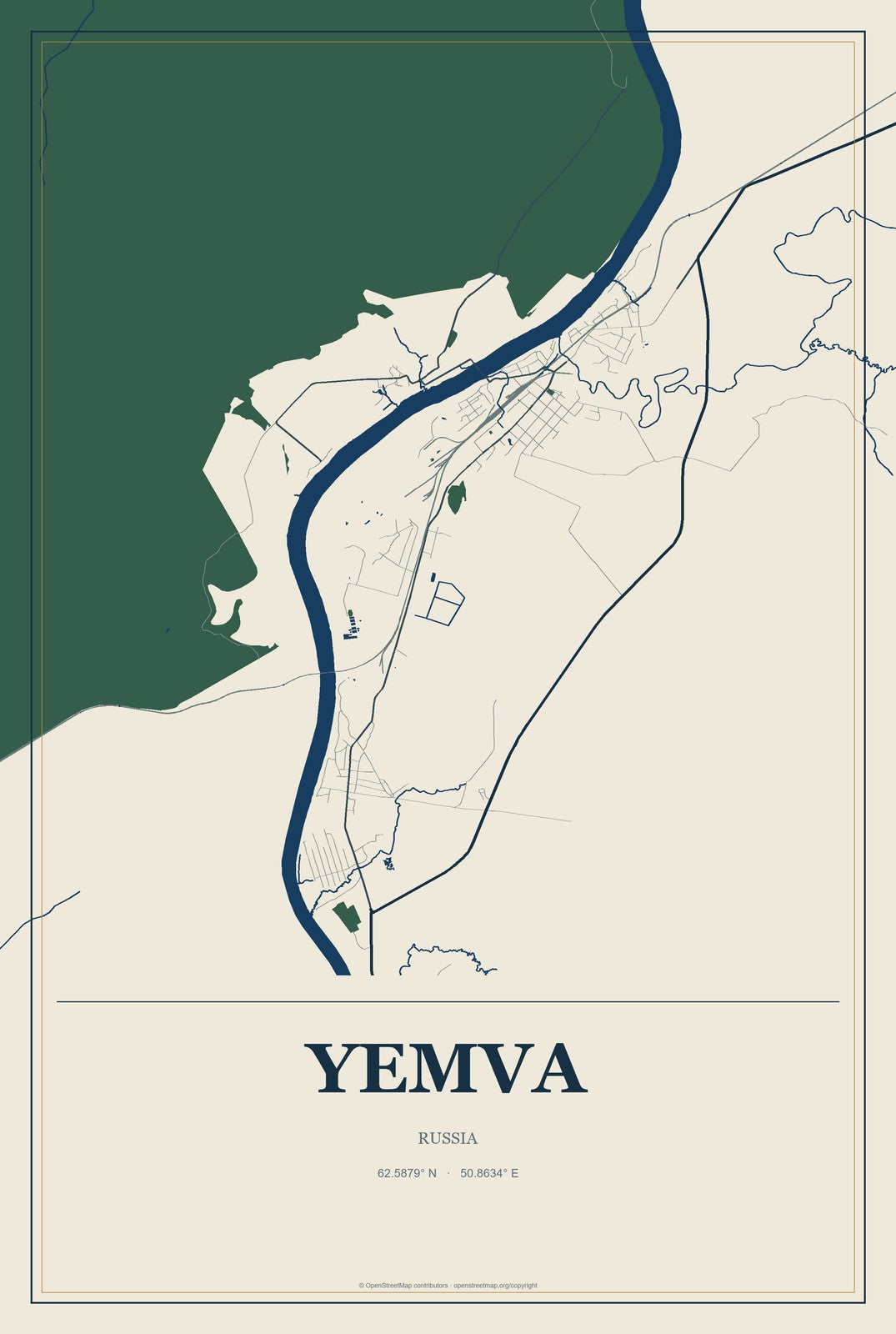 Yemva, Russia City Map Aluminum Sign in Coastal Cutout style