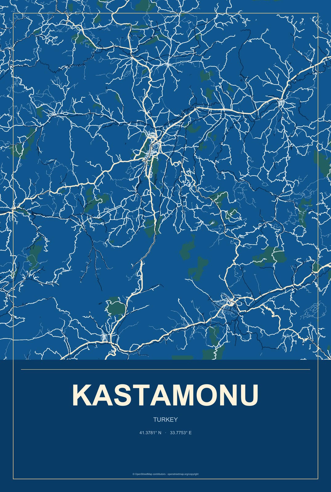 Kastamonu, Turkey City Map Aluminum Sign in Harbor Cobalt style