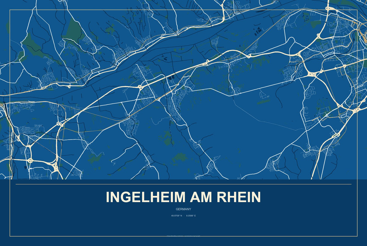 Ingelheim am Rhein, Germany City Map Aluminum Sign in Harbor Cobalt style