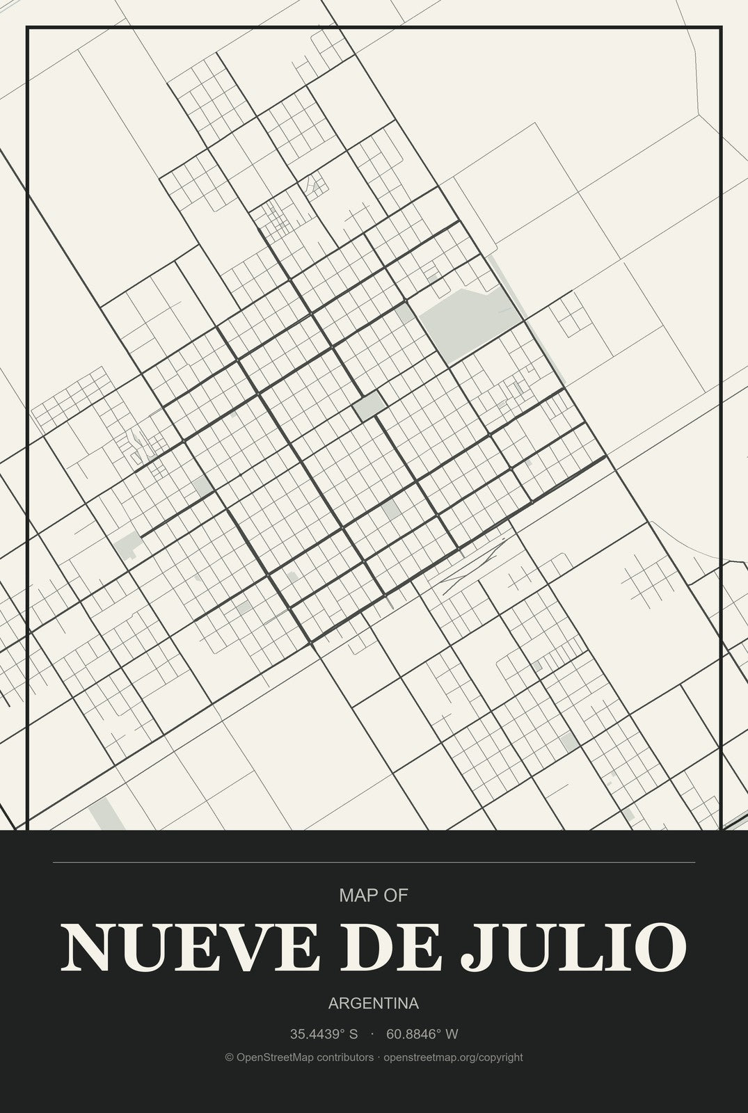 Nueve de Julio, Argentina City Map Aluminum Sign in Museum Plaque style