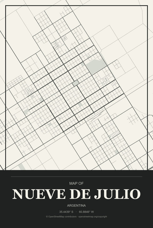 Nueve de Julio, Argentina City Map Aluminum Sign in Museum Plaque style