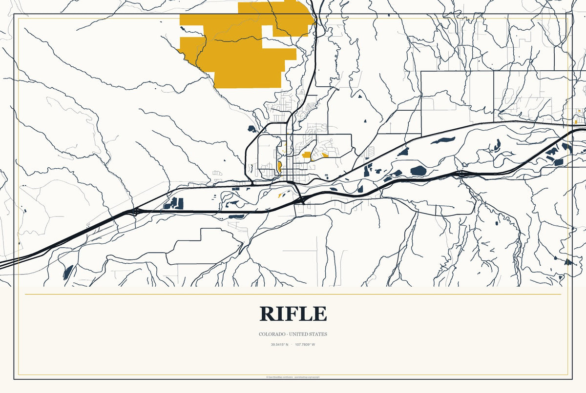 Rifle, Colorado City Map Aluminum Sign in Citrine Modern style