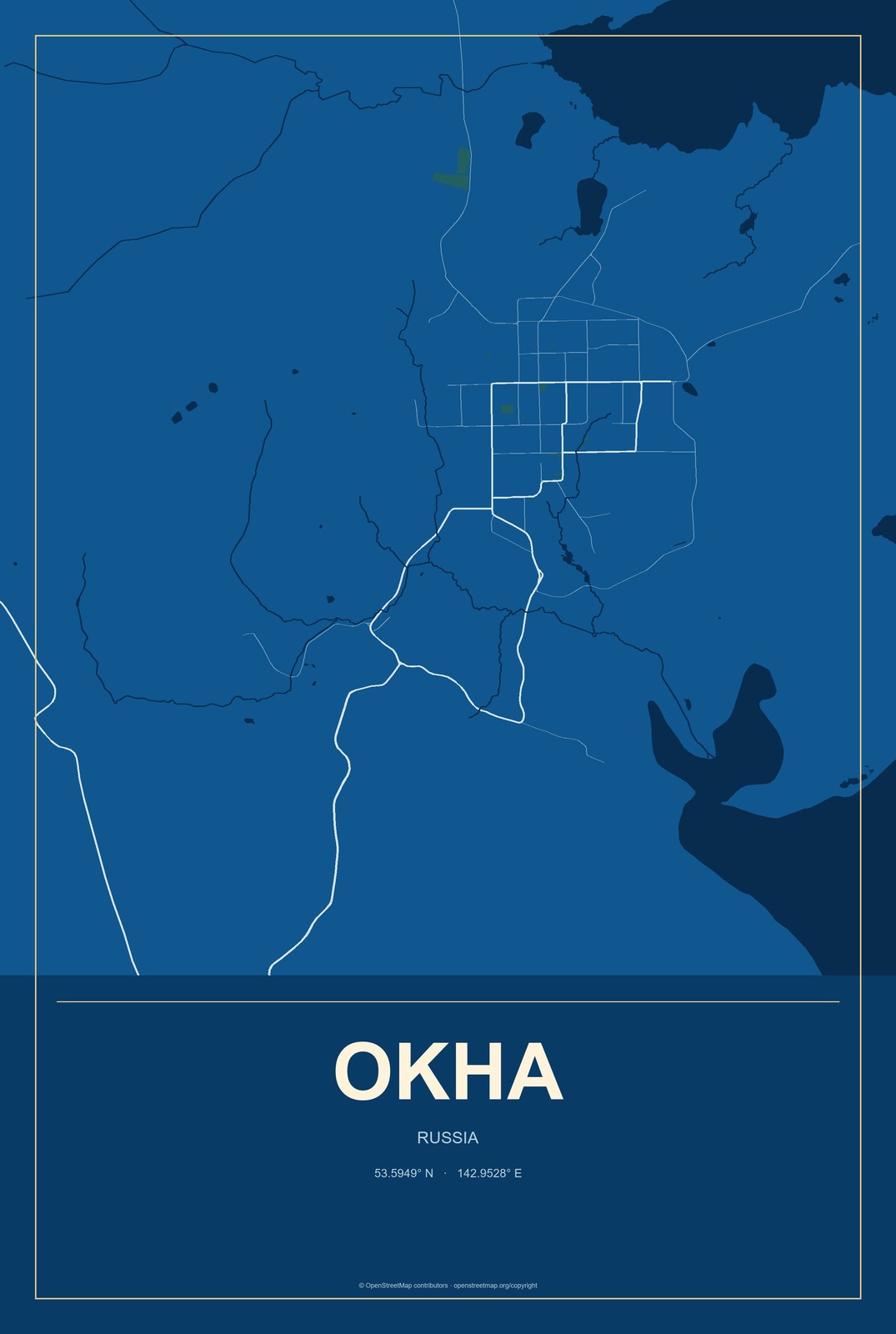 Okha, Russia City Map Aluminum Sign in Harbor Cobalt style