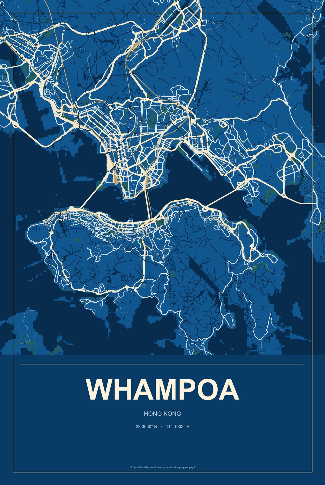 Whampoa, Hong Kong City Map Aluminum Sign in Harbor Cobalt style