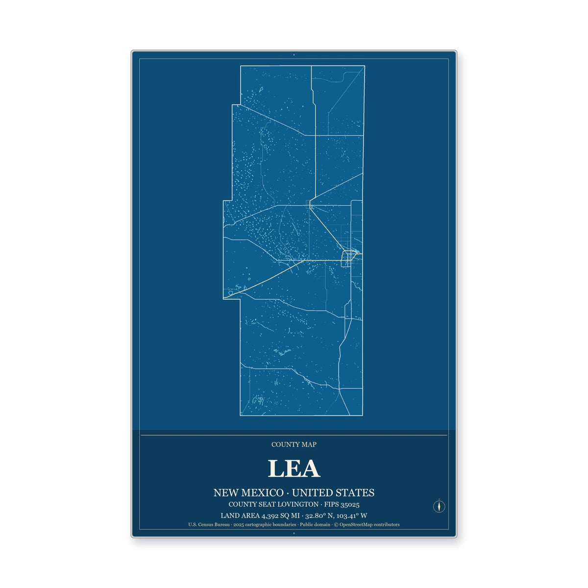 Lea County, New Mexico Map Aluminum Sign in Harbor Cobalt style