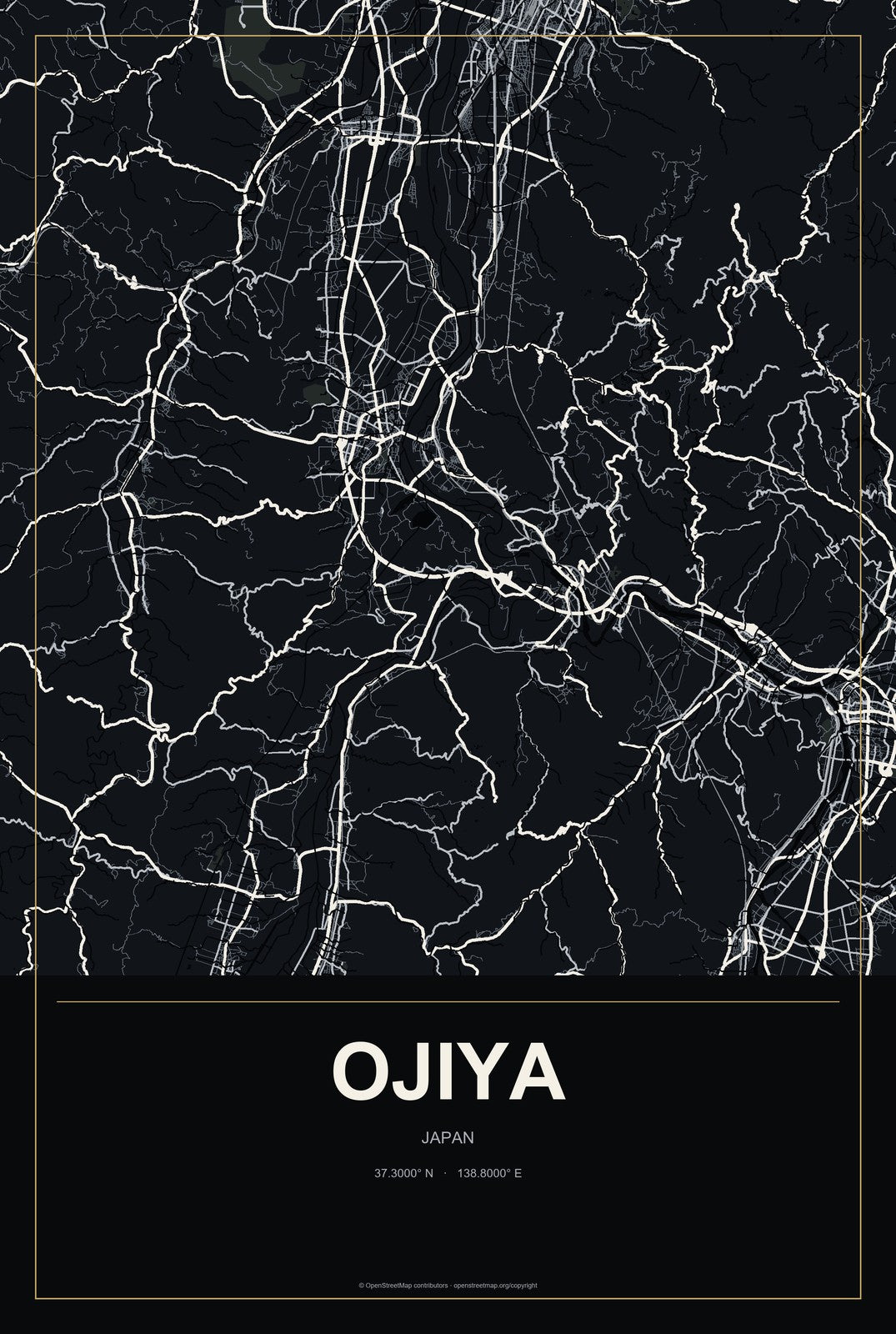 Ojiya, Japan City Map Aluminum Sign in Metropolitan Noir style