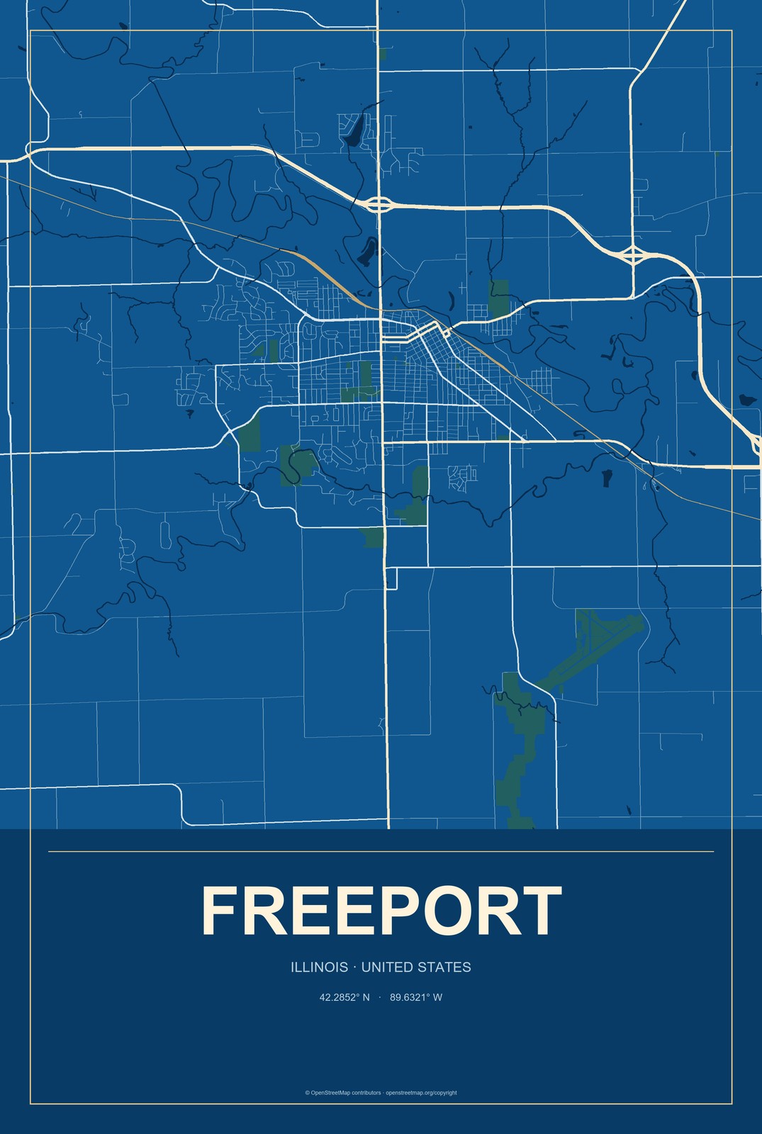 Freeport, Illinois City Map Aluminum Sign in Harbor Cobalt style