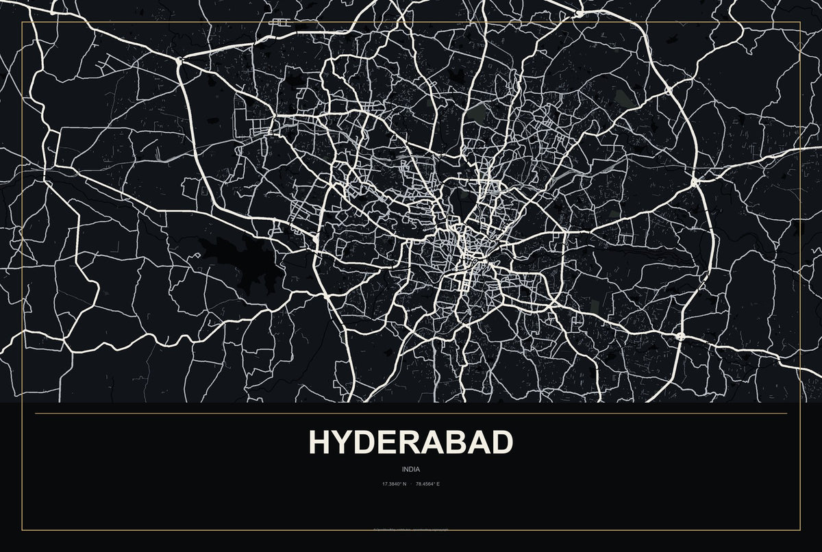 Hyderabad, India City Map Aluminum Sign in Metropolitan Noir style