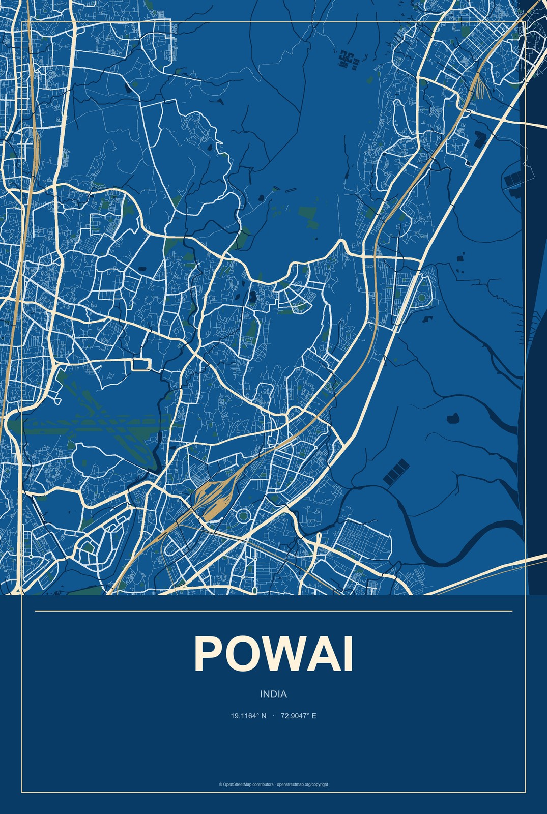 Powai, India City Map Aluminum Sign in Harbor Cobalt style