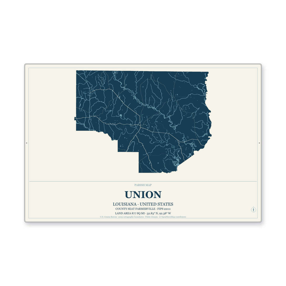 Union Parish, Louisiana Map Aluminum Sign in Coastal Cutout style