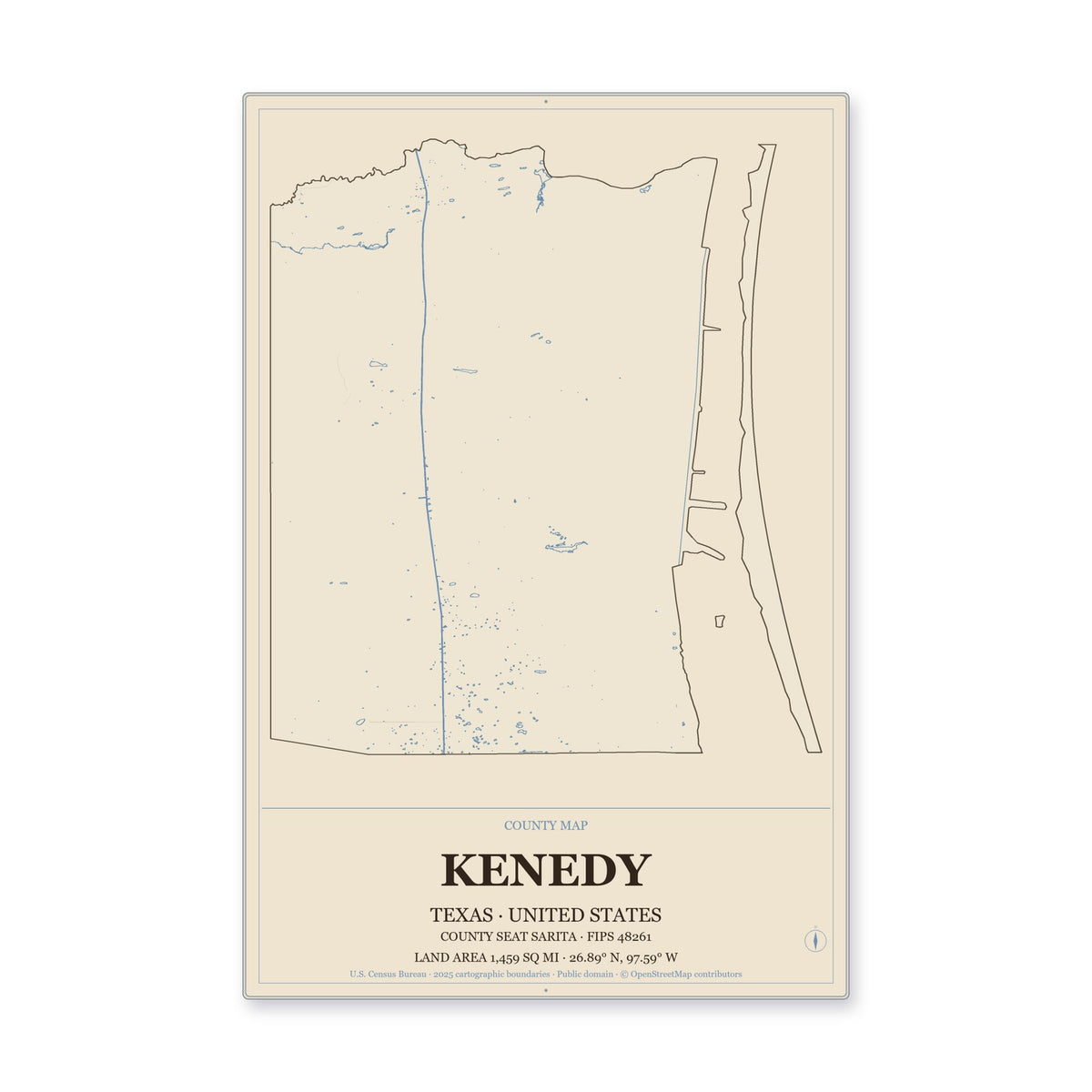 Kenedy County, Texas Map Aluminum Sign in Heritage Nautical style