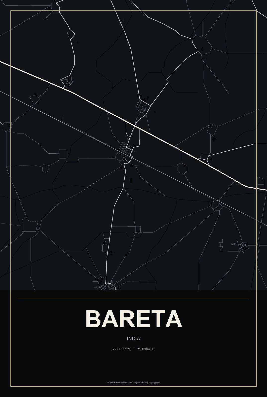 Bareta, India City Map Aluminum Sign in Metropolitan Noir style