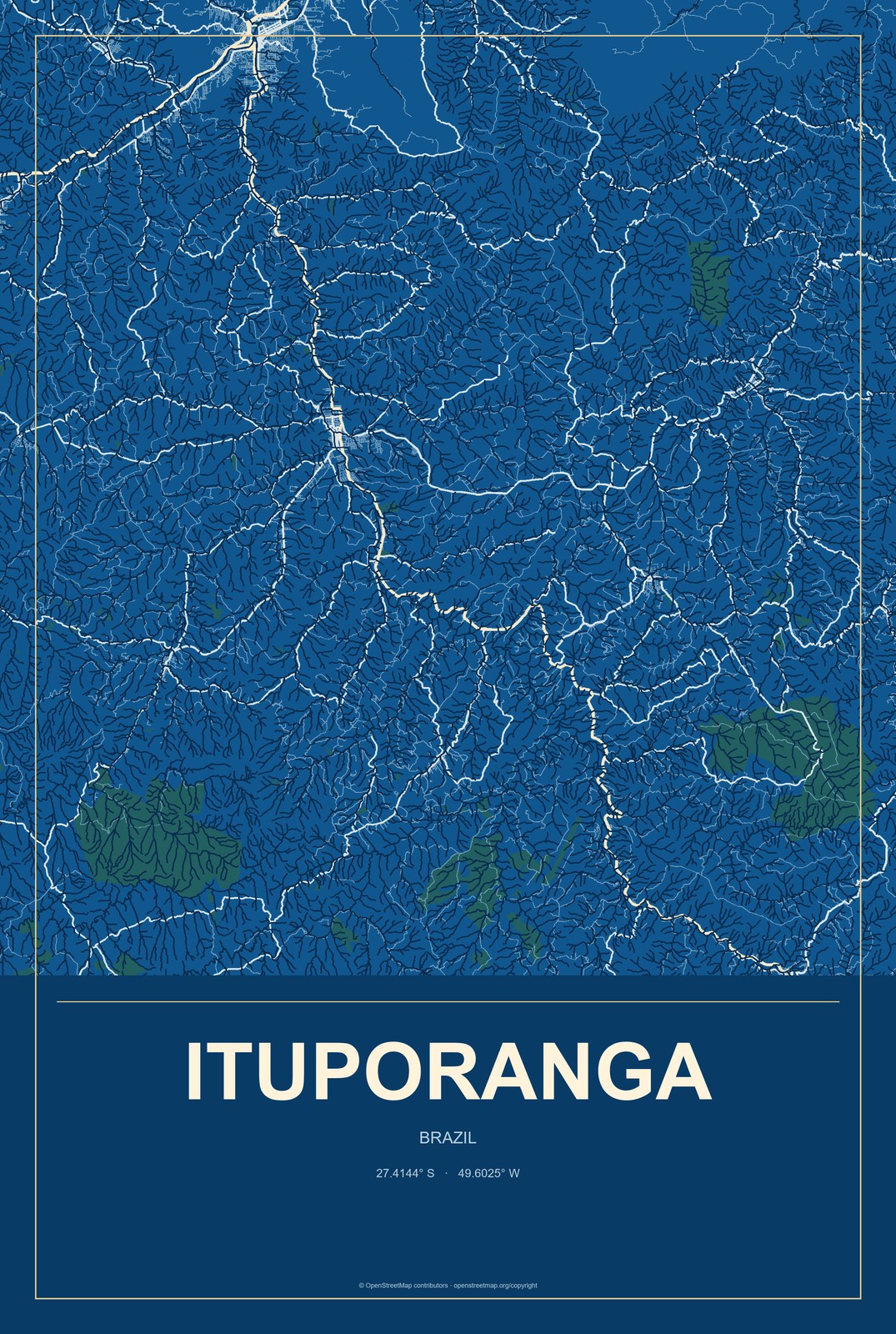 Ituporanga, Brazil City Map Aluminum Sign in Harbor Cobalt style
