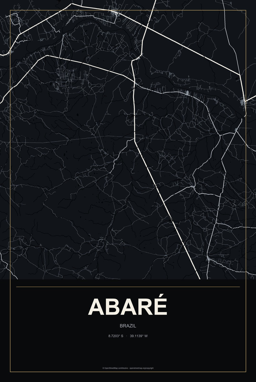 Abaré, Brazil City Map Aluminum Sign in Metropolitan Noir style