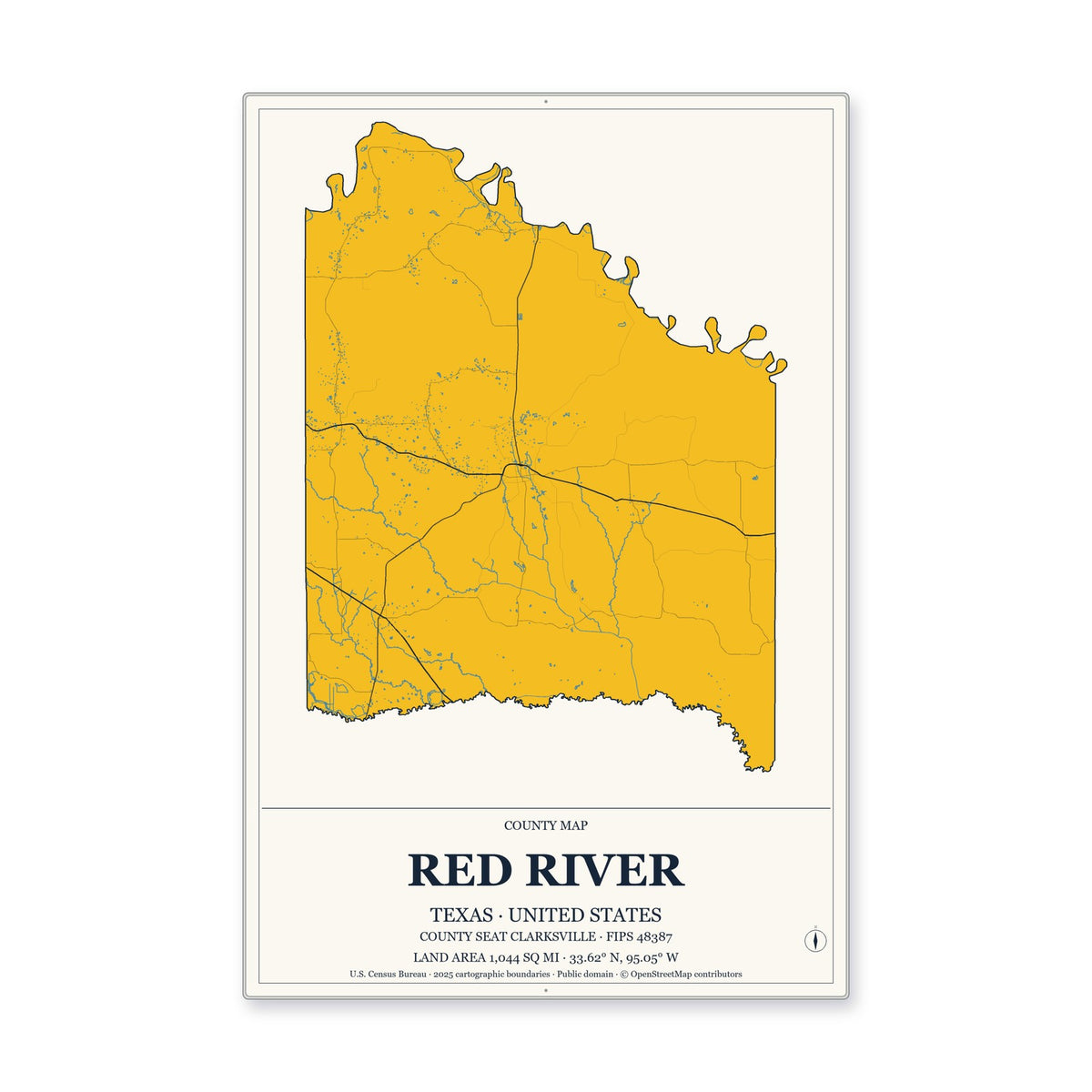 Red River County, Texas Map Aluminum Sign in Citrine Modern style