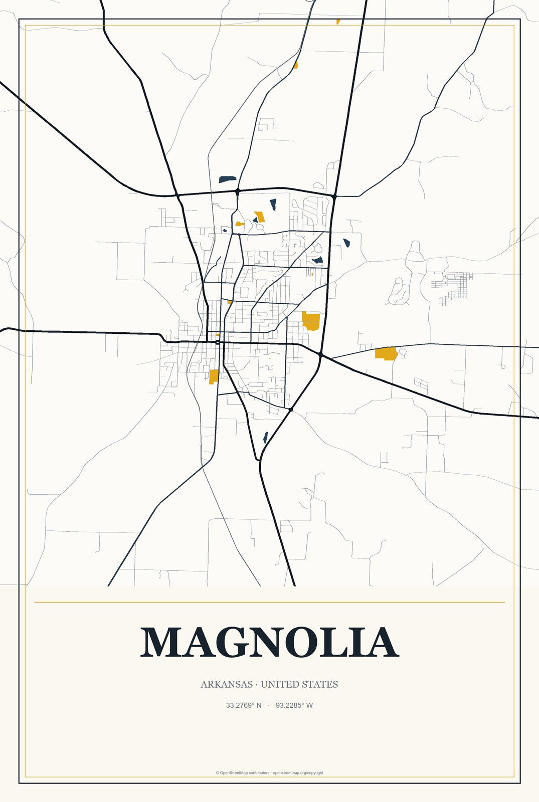 Magnolia, Arkansas City Map Aluminum Sign in Citrine Modern style