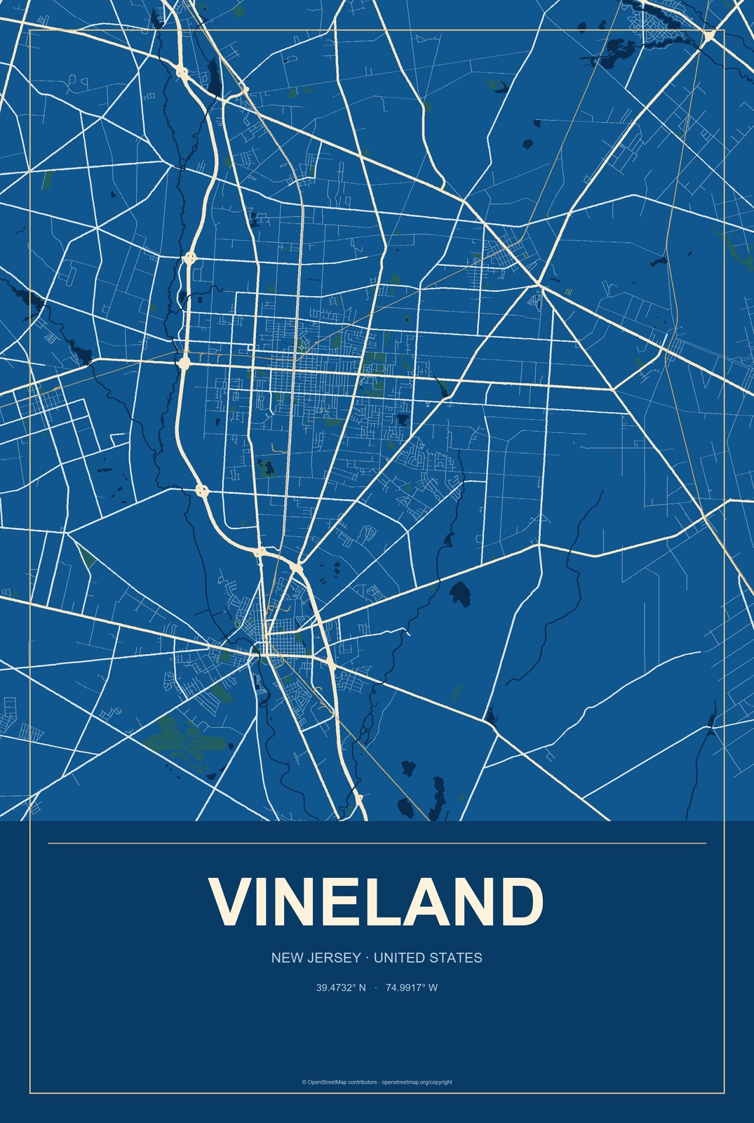Vineland, New Jersey City Map Aluminum Sign in Harbor Cobalt style