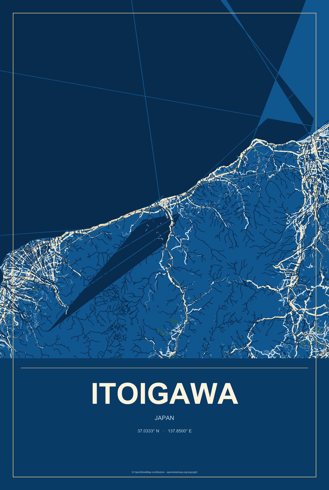 Itoigawa, Japan City Map Aluminum Sign in Harbor Cobalt style