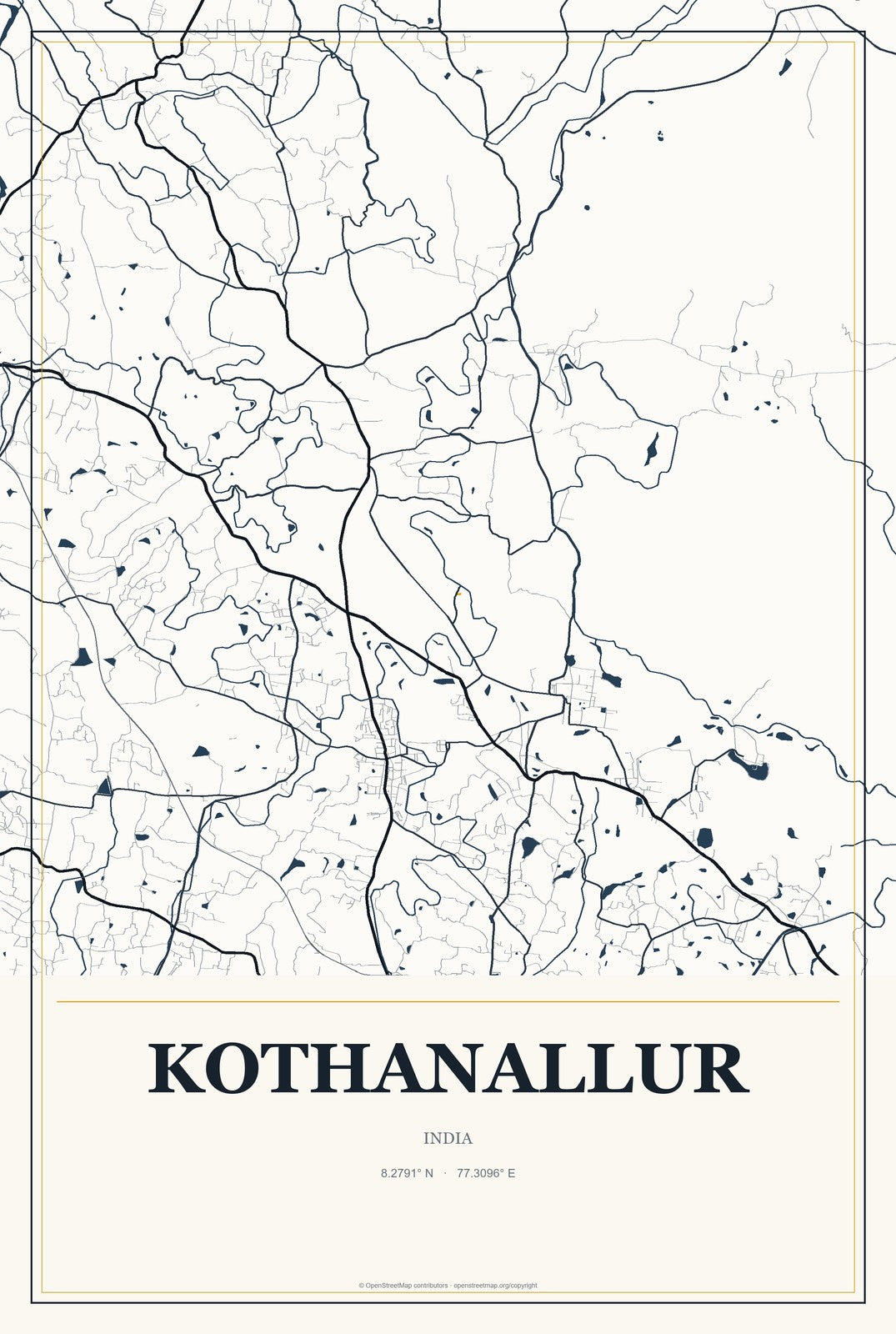 Kothanallur, India City Map Aluminum Sign in Citrine Modern style