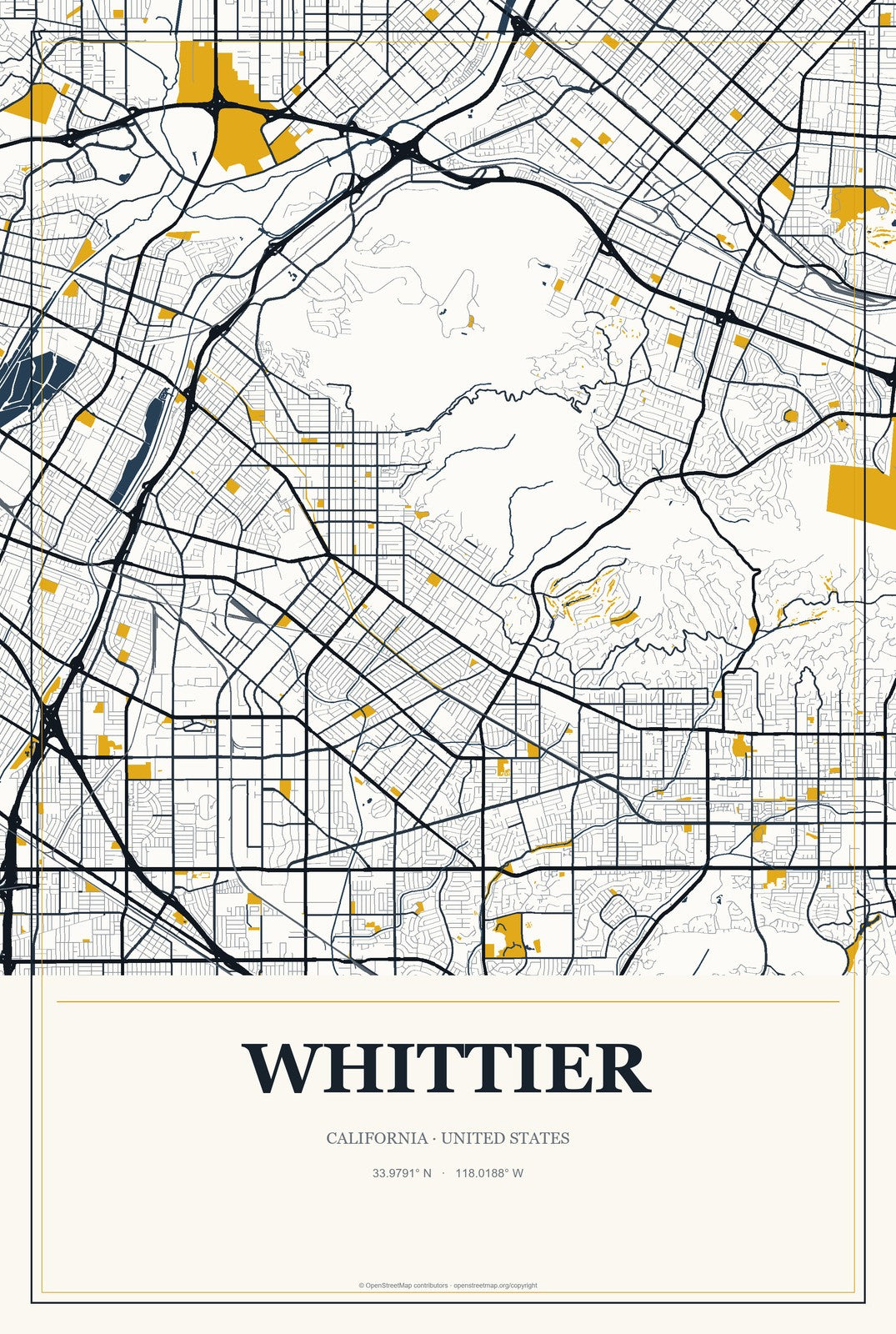 Whittier, California City Map Aluminum Sign in Citrine Modern style