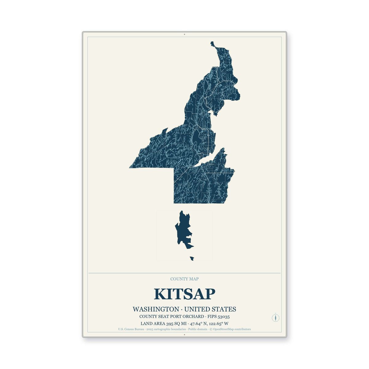 Kitsap County, Washington Map Aluminum Sign in Coastal Cutout style