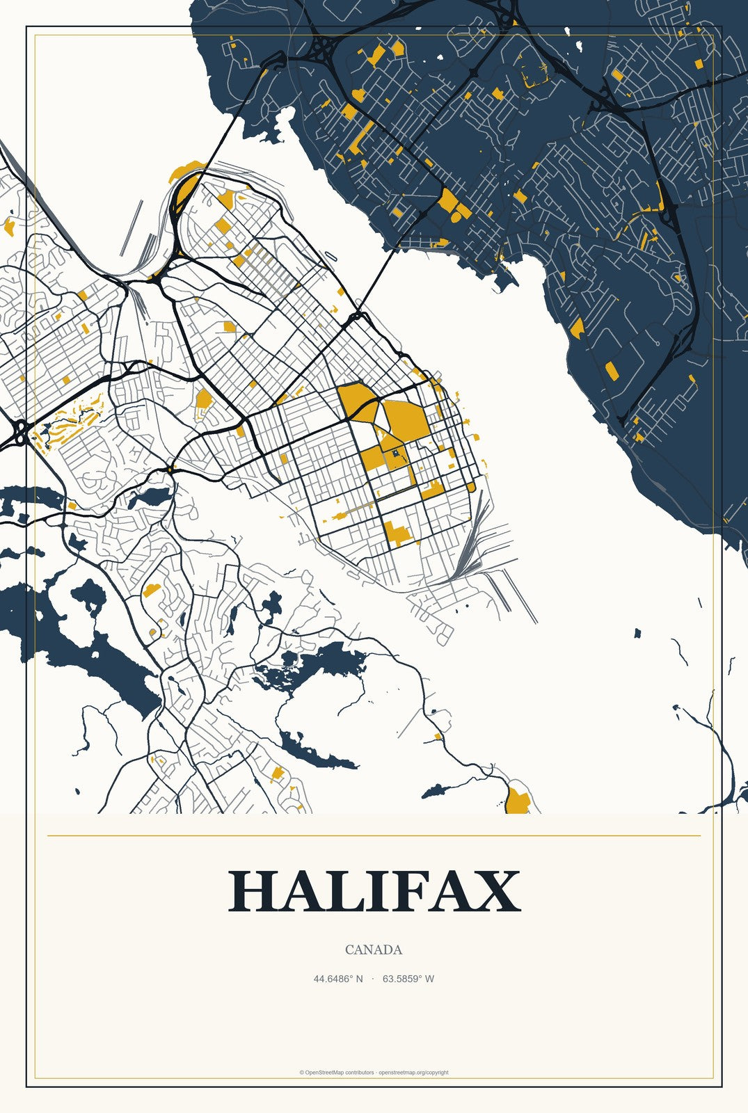 Halifax, Canada City Map Aluminum Sign in Citrine Modern style