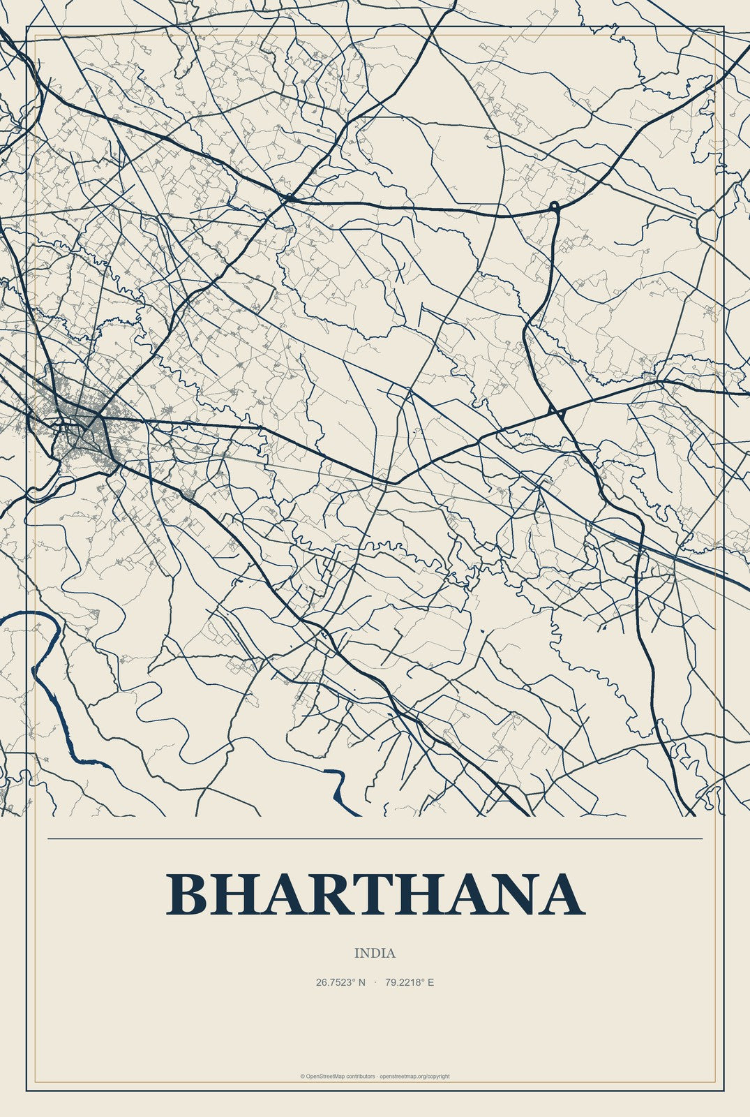Bharthana, India City Map Aluminum Sign in Coastal Cutout style
