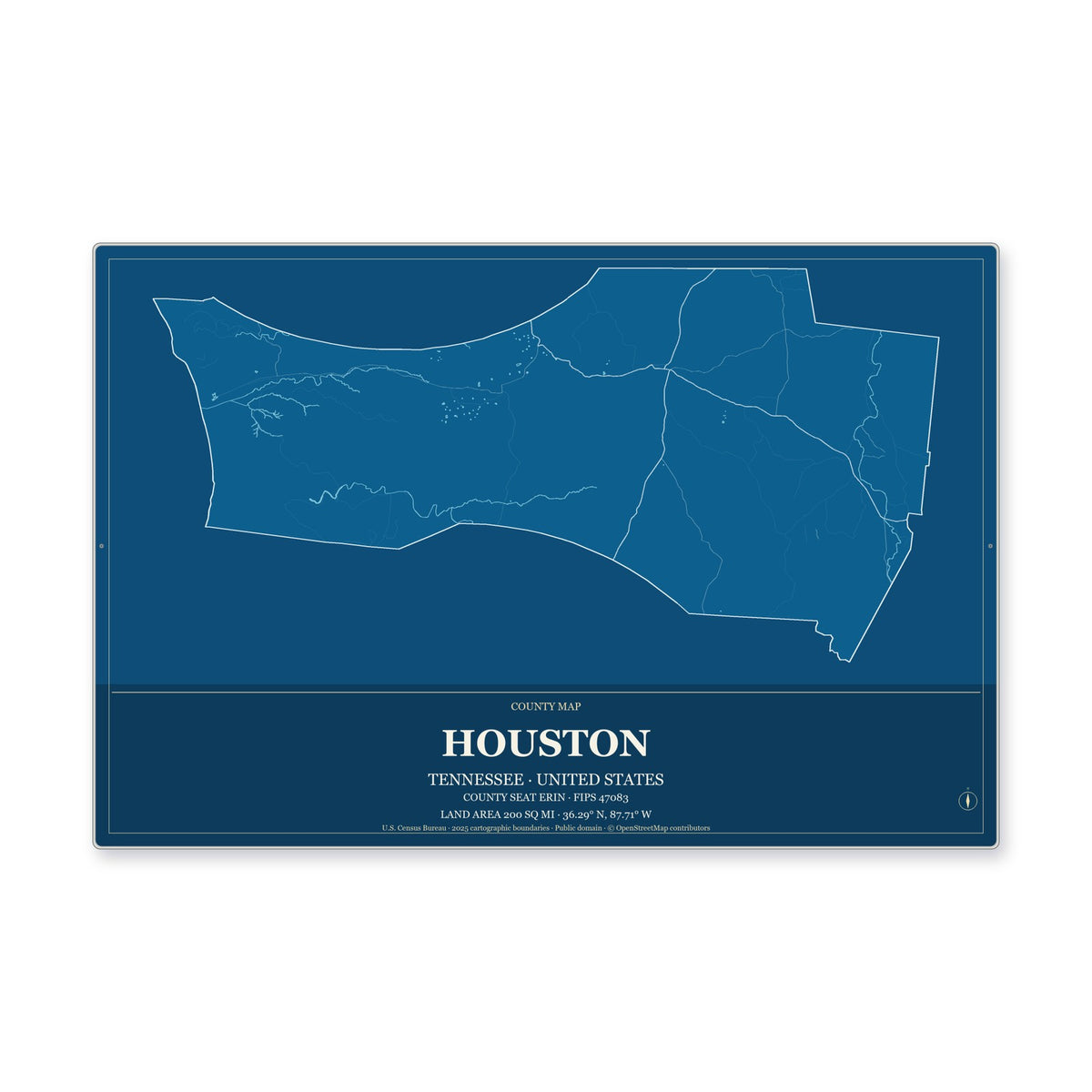 Houston County, Tennessee Map Aluminum Sign in Harbor Cobalt style