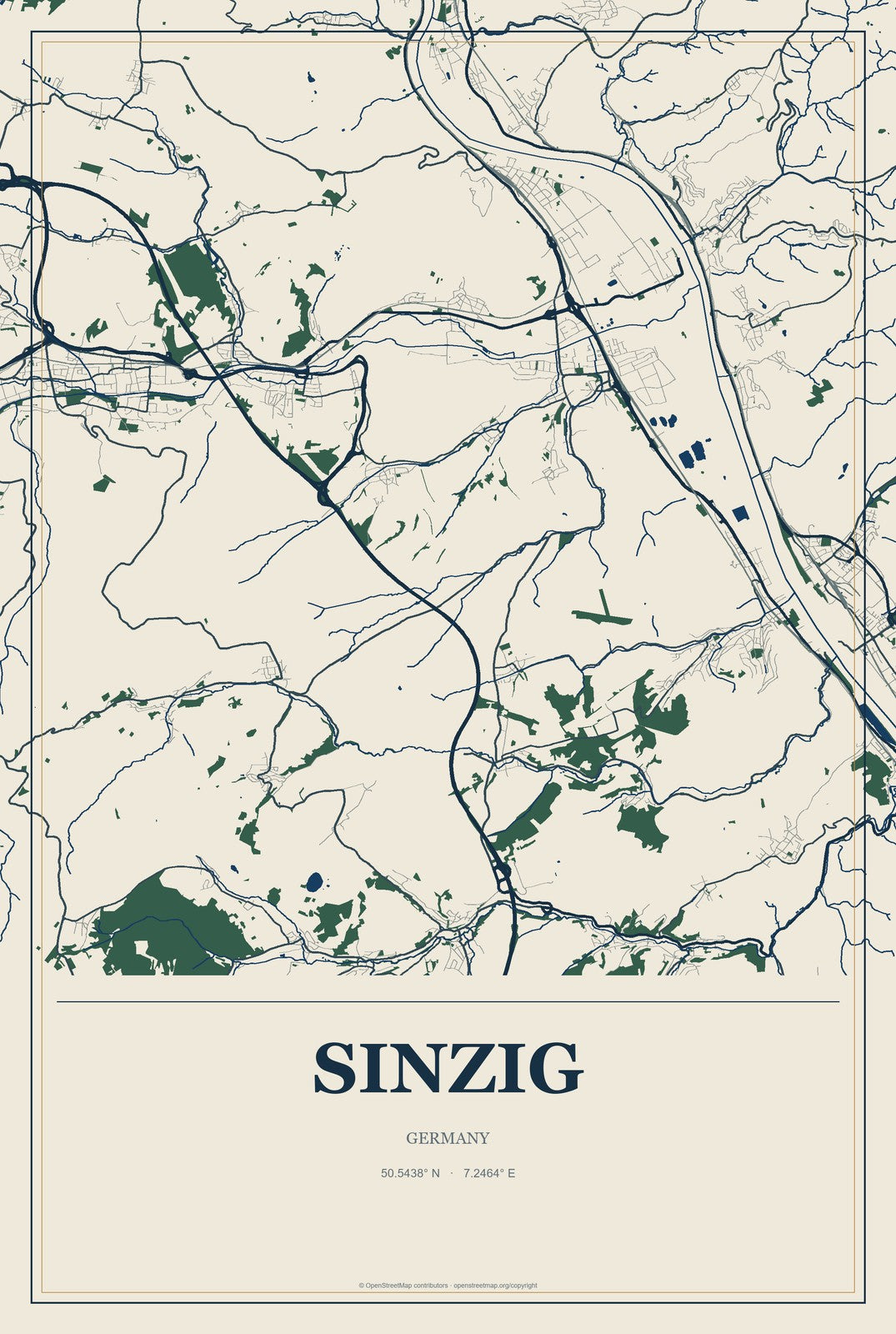 Sinzig, Germany City Map Aluminum Sign in Coastal Cutout style