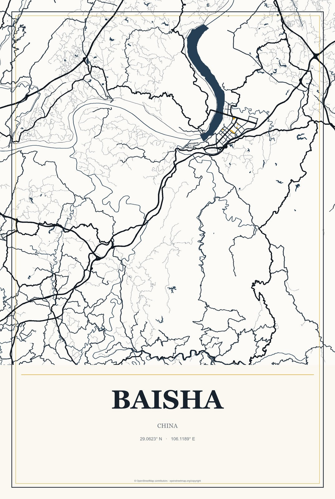 Baisha, Guangxi, China City Map Aluminum Sign in Citrine Modern style