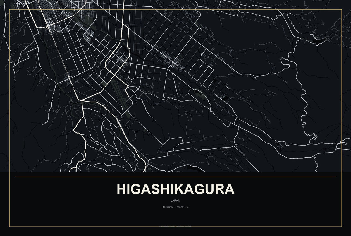 Higashikagura, Japan City Map Aluminum Sign in Metropolitan Noir style