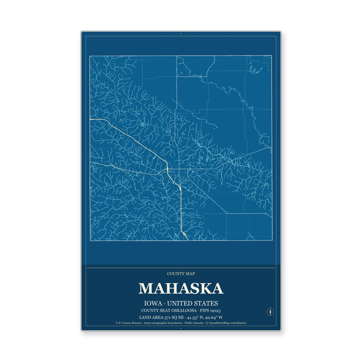 Mahaska County, Iowa Map Aluminum Sign in Harbor Cobalt style