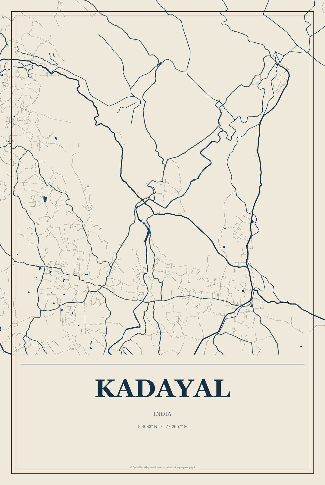 Kadayal, India City Map Aluminum Sign in Coastal Cutout style